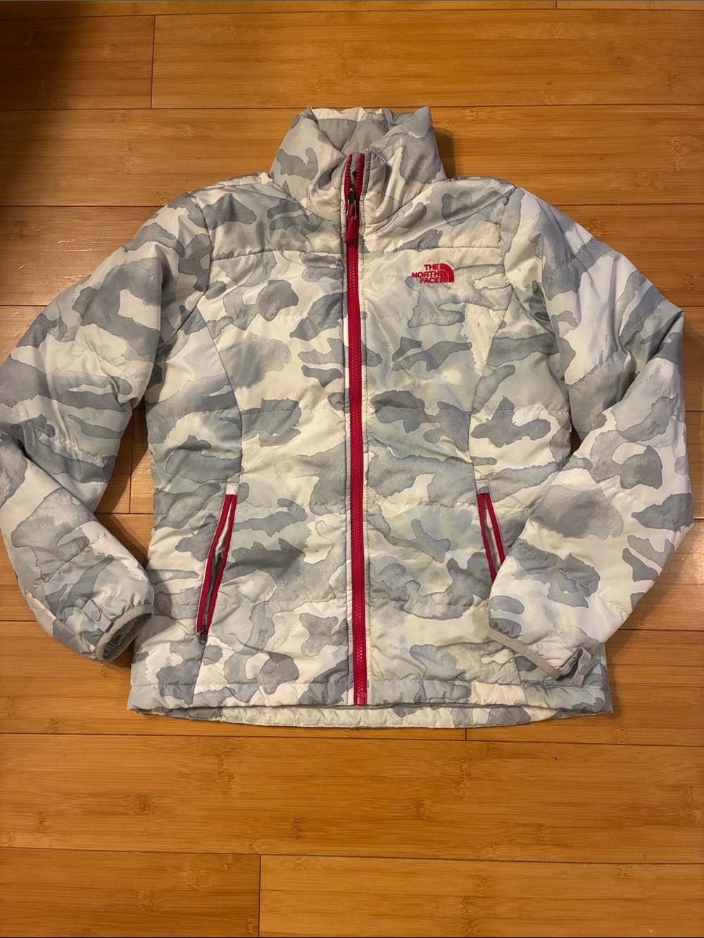 The North Face White & Gray Camo Puffer Jacket with Pink Trim